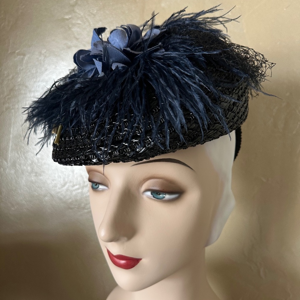 SULTRY 1930s' BLACK STRAW TILT HAT - OSTRICH FEATHER TRIM + BLUE FABRIC FLOWERS